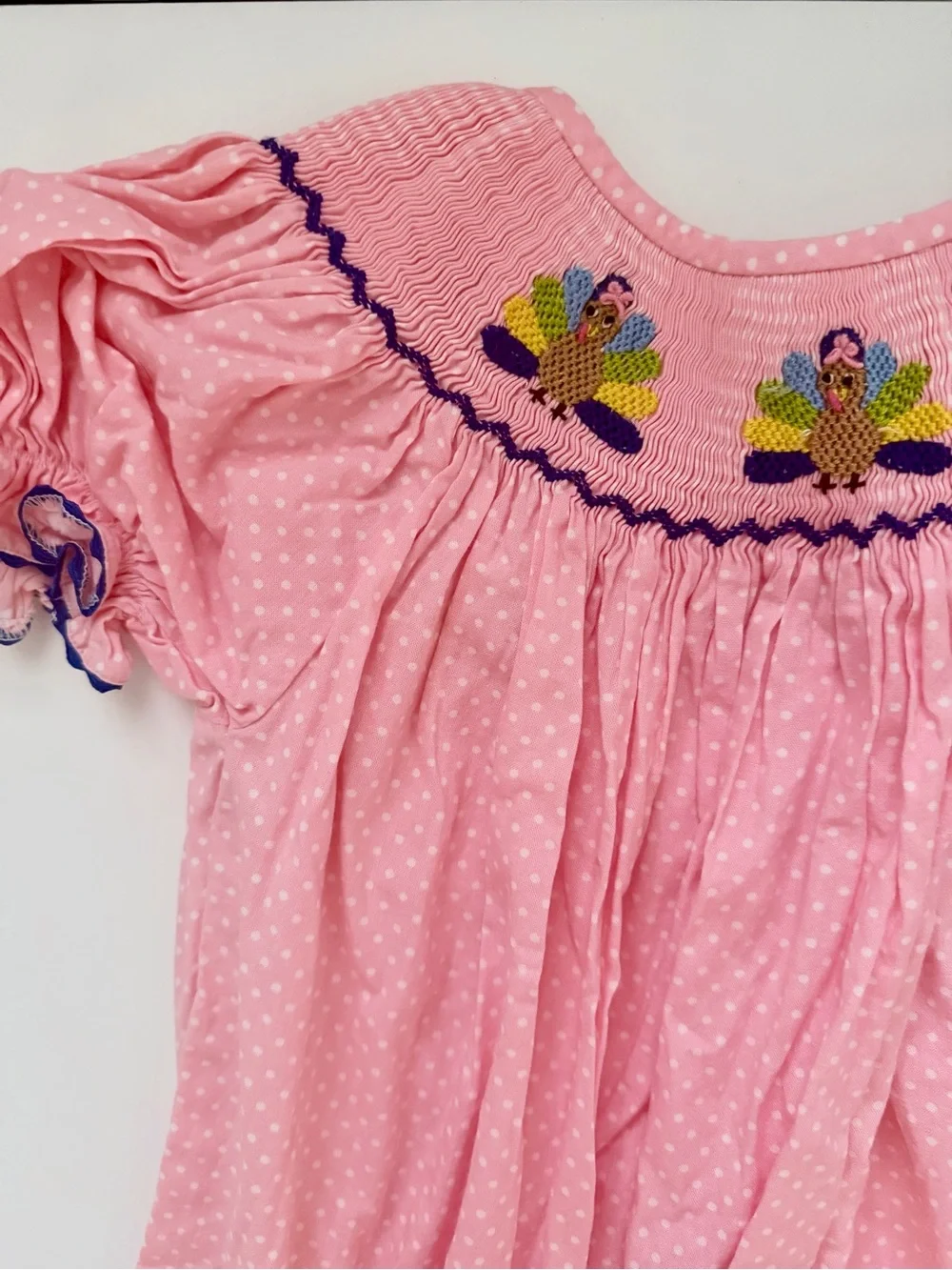 3T Smocked Pink & White Polka Dot Turkey Dress